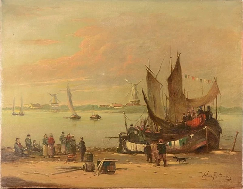 Scena portuale con barca da pesca